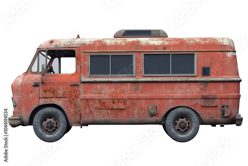 Rusty red vintage van with faded paint and a weathered exterior, isolated on transparent or white background