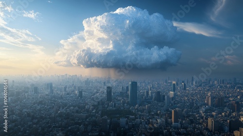 A giant thunderstorm cloud looms over the bustling cityscape as daylight fades