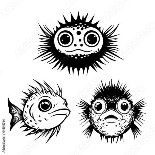 Three unique puffer fish illustrations, each displaying distinct expressions and spiky forms.
