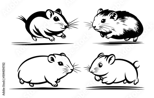 Illustration set of playful hamsters in various dynamic poses, capturing their lively and energetic nature.