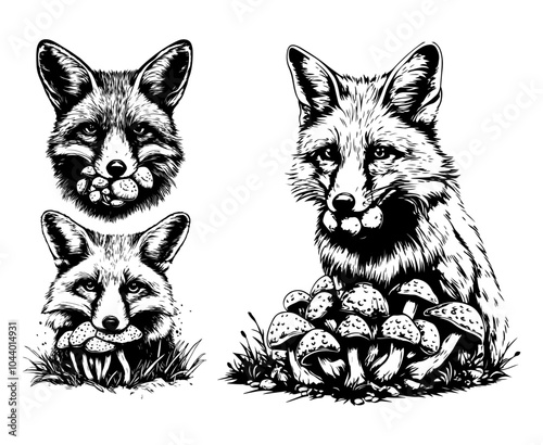 A whimsical illustration of foxes holding mushrooms in their mouths, showcasing nature’s curious interactions in black and white.