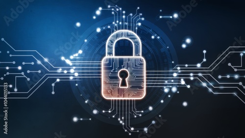 Abstract futuristic illustration of a digital padlock with circuit board patterns, glowing lines, and data flow, symbolizing cybersecurity, encryption, and protection of information. photo