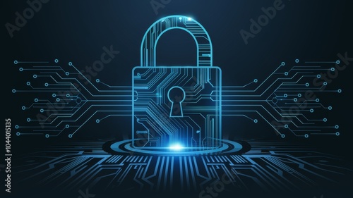 Abstract futuristic illustration of a digital padlock with circuit board patterns, glowing lines, and data flow, symbolizing cybersecurity, encryption, and protection of information. photo