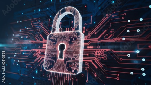 Abstract futuristic illustration of a digital padlock with circuit board patterns, glowing lines, and data flow, symbolizing cybersecurity, encryption, and protection of information. photo