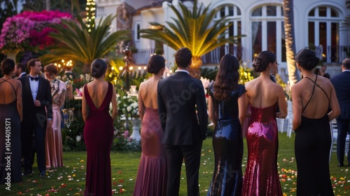 A group of individuals in elegant evening wear gather on the lawn backs turned towards the camera. Vibrant floral arrangements . . photo