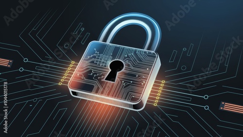 Abstract futuristic illustration of a digital padlock with circuit board patterns, glowing lines, and data flow, symbolizing cybersecurity, encryption, and protection of information. photo