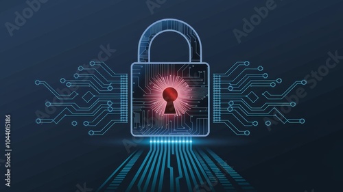 Abstract futuristic illustration of a digital padlock with circuit board patterns, glowing lines, and data flow, symbolizing cybersecurity, encryption, and protection of information. photo
