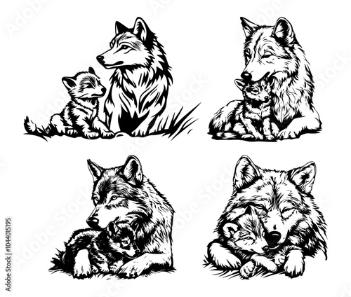 Illustration of an adult wolf and pup sharing a moment, highlighting the nurturing bond in the animal kingdom.