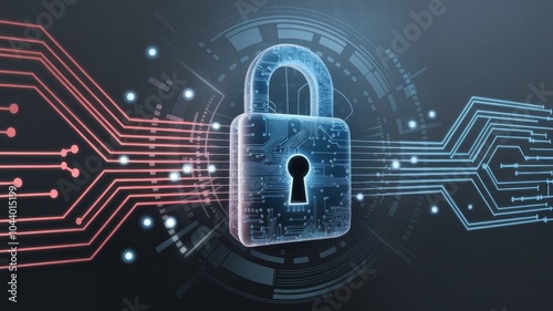 Abstract futuristic illustration of a digital padlock with circuit board patterns, glowing lines, and data flow, symbolizing cybersecurity, encryption, and protection of information. photo