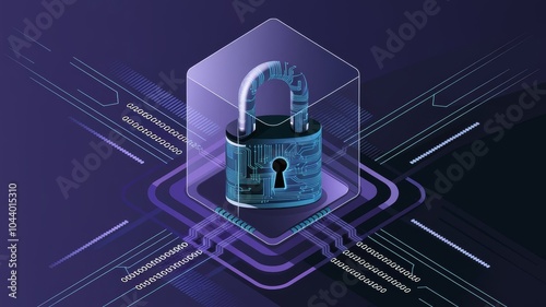 Abstract futuristic illustration of a digital padlock with circuit board patterns, glowing lines, and data flow, symbolizing cybersecurity, encryption, and protection of information. photo
