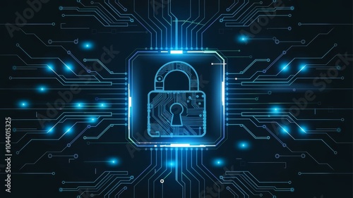 Abstract futuristic illustration of a digital padlock with circuit board patterns, glowing lines, and data flow, symbolizing cybersecurity, encryption, and protection of information. photo