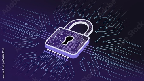 Abstract futuristic illustration of a digital padlock with circuit board patterns, glowing lines, and data flow, symbolizing cybersecurity, encryption, and protection of information. photo