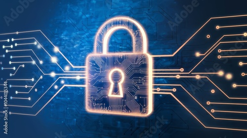 Abstract futuristic illustration of a digital padlock with circuit board patterns, glowing lines, and data flow, symbolizing cybersecurity, encryption, and protection of information. photo