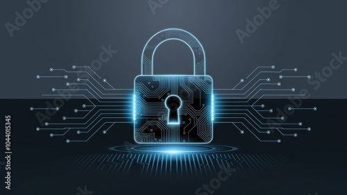 Abstract futuristic illustration of a digital padlock with circuit board patterns, glowing lines, and data flow, symbolizing cybersecurity, encryption, and protection of information. photo