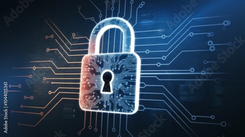 Abstract futuristic illustration of a digital padlock with circuit board patterns, glowing lines, and data flow, symbolizing cybersecurity, encryption, and protection of information. photo