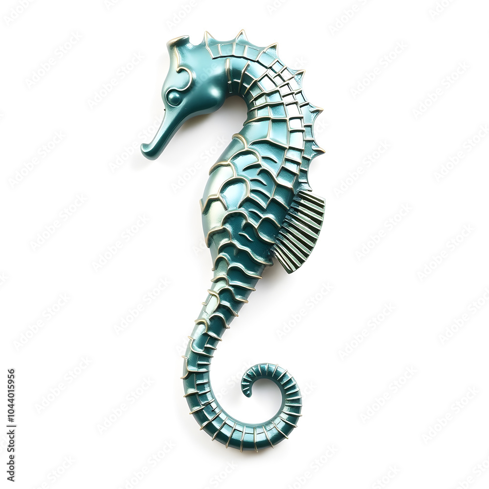 Fototapeta premium Seahorse metallic 3D image of turquoise seahorse on white background. Generative AI