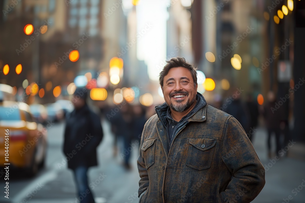 A stylish man walks confidently down a bustling city street, enjoying the vibrant urban atmosphere during the late afternoon hours