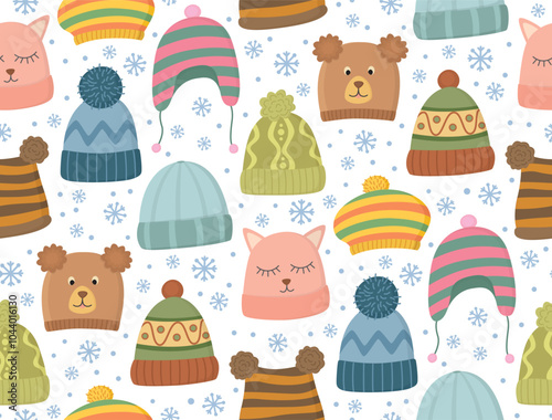 Seamless pattern with various winter hats. Hand drawn background knitted things and snowflakes