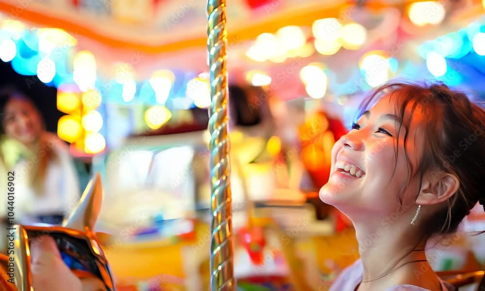 Girl giggles joyfully while enjoying a colorful carousel ride at a carnival Girl giggles joyfully while enjoying a colorful carousel ride at a carnival