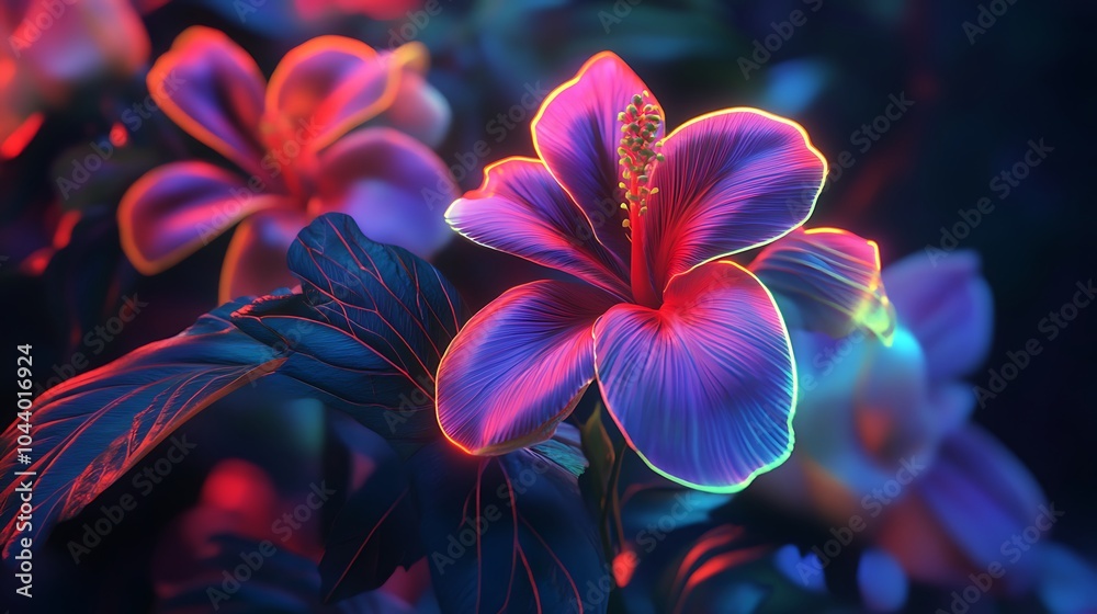 Fototapeta premium Striking neon tropical blossoms lighting up the dreamlike landscape image