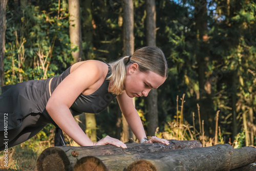 Workout. Fitness, outdoor workout in nature. Fitness, motivation for working the gym, health improvement. Woman doing sports outdoors,wellness, Health, nature, fitness, eco-fitness. mental health. photo