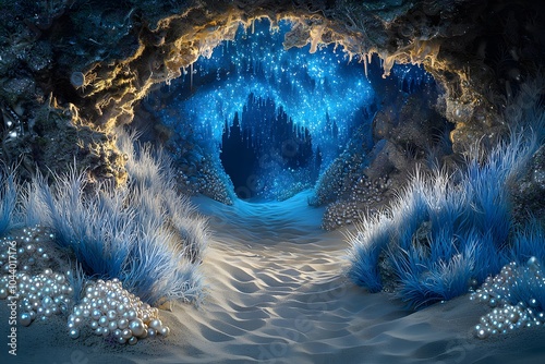 Enchanting bioluminescent cave with glowing blue flora and mystical pathway photo