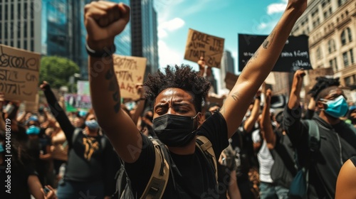 Racial justice and activism in urban protests: Reflecting unity and advocacy against systemic racism, photography style, photo of photo