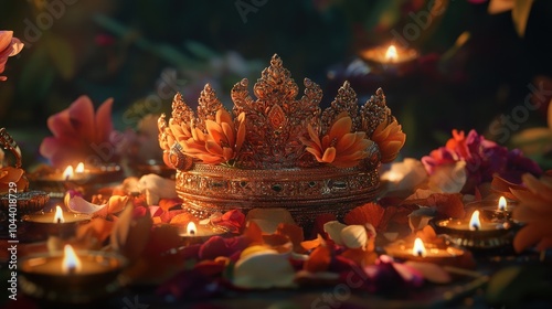 An intricately decorated Krishna idola??s crown surrounded by radiant flowers, with a warm glow from nearby diyas. photo