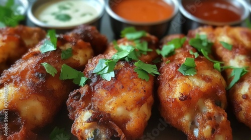 Crispy Chicken Wings with Dipping Sauces and Garnish