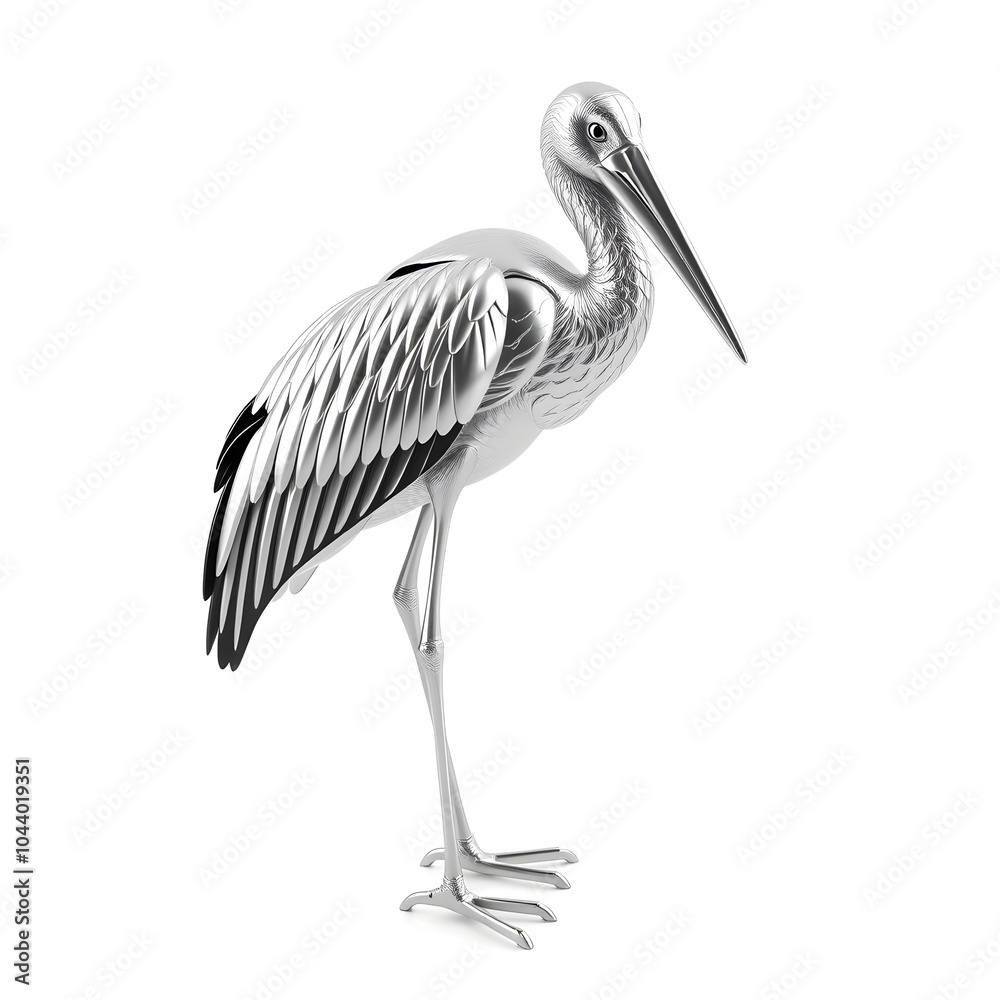 Fototapeta premium Stork metallic 3D image of white stork on white background. Generative AI