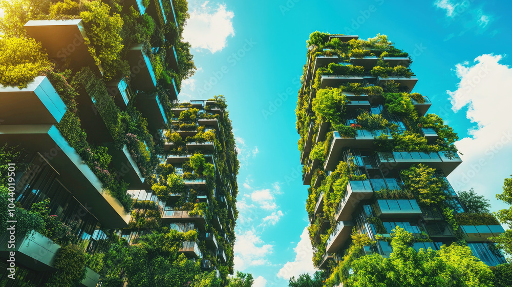 Obraz premium Futuristic city with vertical gardens and renewable energy, thriving in a sustainable, clear blue sky