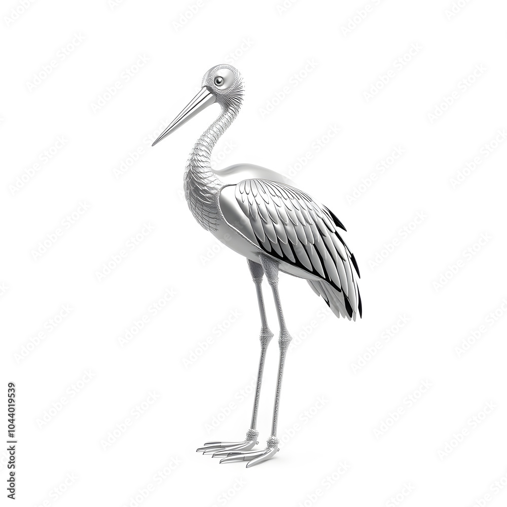 Fototapeta premium Stork metallic 3D image of white stork on white background. Generative AI