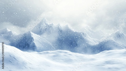 A fierce blizzard covers the mountains in deep snow forming a tranquil winter scene