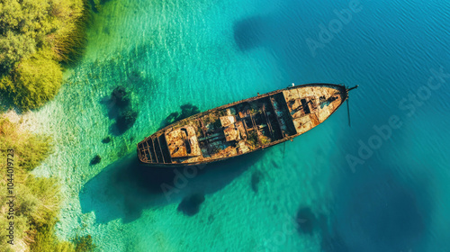 Aerial view of a submerged ancient steamboat in a deep blue lake surrounded by lush vegetation