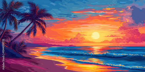 A serene sunset over a tropical beach, palm trees swaying, calm ocean waves, vibrant colors, vacation paradise