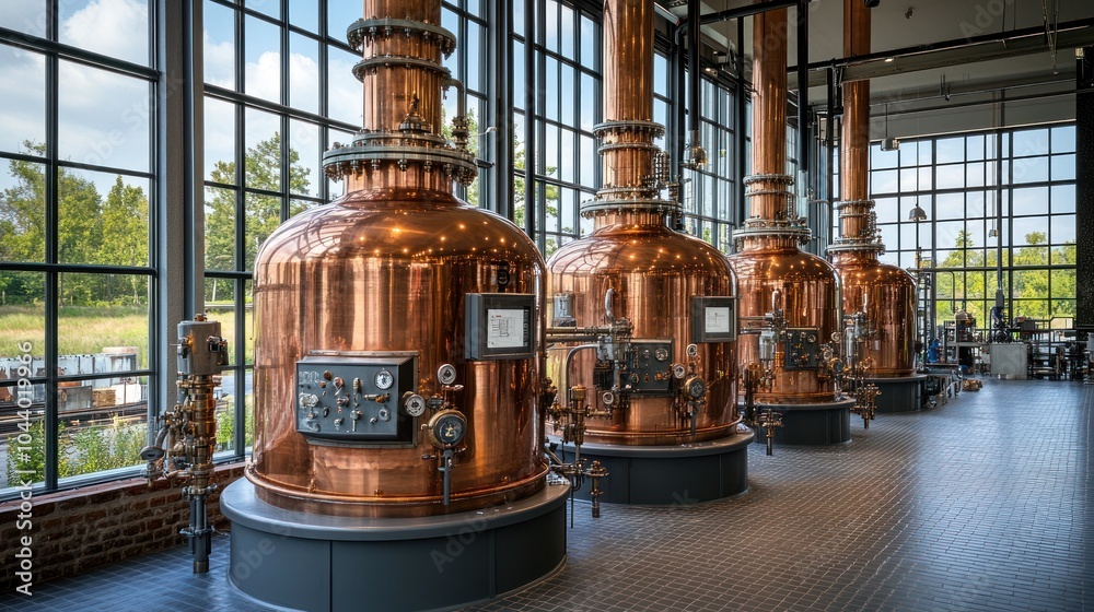 Four large copper stills in a distillery with large windows, one of which shows a grassy area. Four large copper stills in a distillery with large windows, one of which shows a grassy area.
