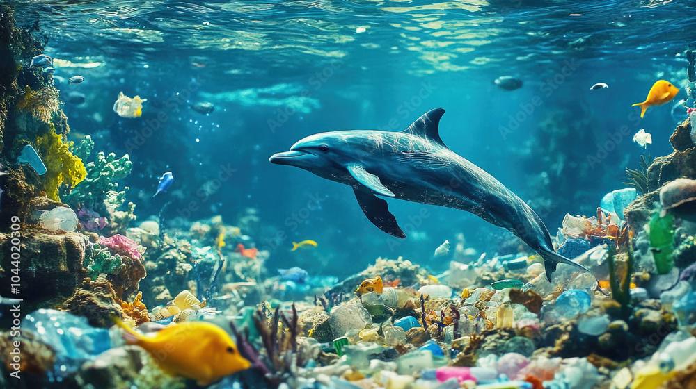 Fototapeta premium Dolphin swimming through vibrant coral reef overwhelmed by plastic pollution in a marine habitat
