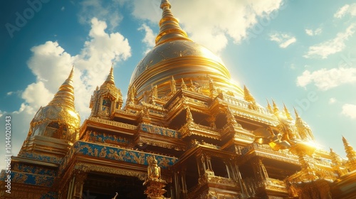 The templea??s golden dome glistening under the sunlight, with intricate detailing that emphasizes its grandeur. photo