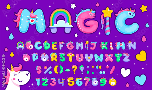 Cartoon cute unicorn font. Magic type, fairytale horse typeface alphabet letters and numbers. Fairy animal english abc characters vector font with unicorns, clouds and rainbow, magic wand and candies