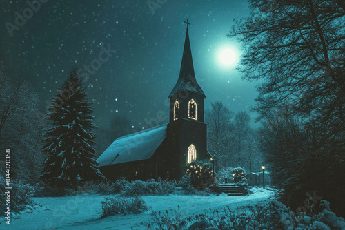 Old village church glowing under the moonlight on Christmas Eve with a beautifully detailed church spire