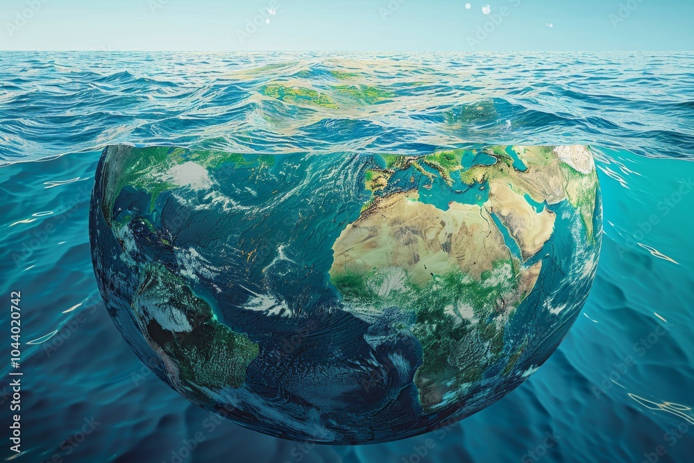 Fototapeta premium A graphic illustration of the Earth with rising sea levels, the continents are submerged in water, the oceans are blue and the land is green.
