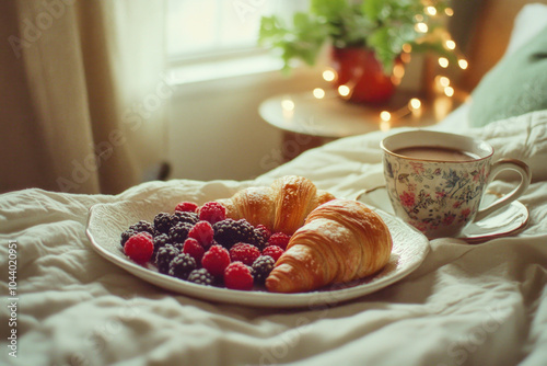 Cozy winter morning breakfast in bed with croissants and hot chocolate on soft bedding photo