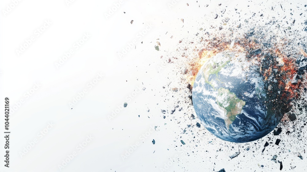 An artistic depiction of Earth being torn apart with dynamic debris flying in all directions An artistic depiction of Earth being torn apart with dynamic debris flying in all directions