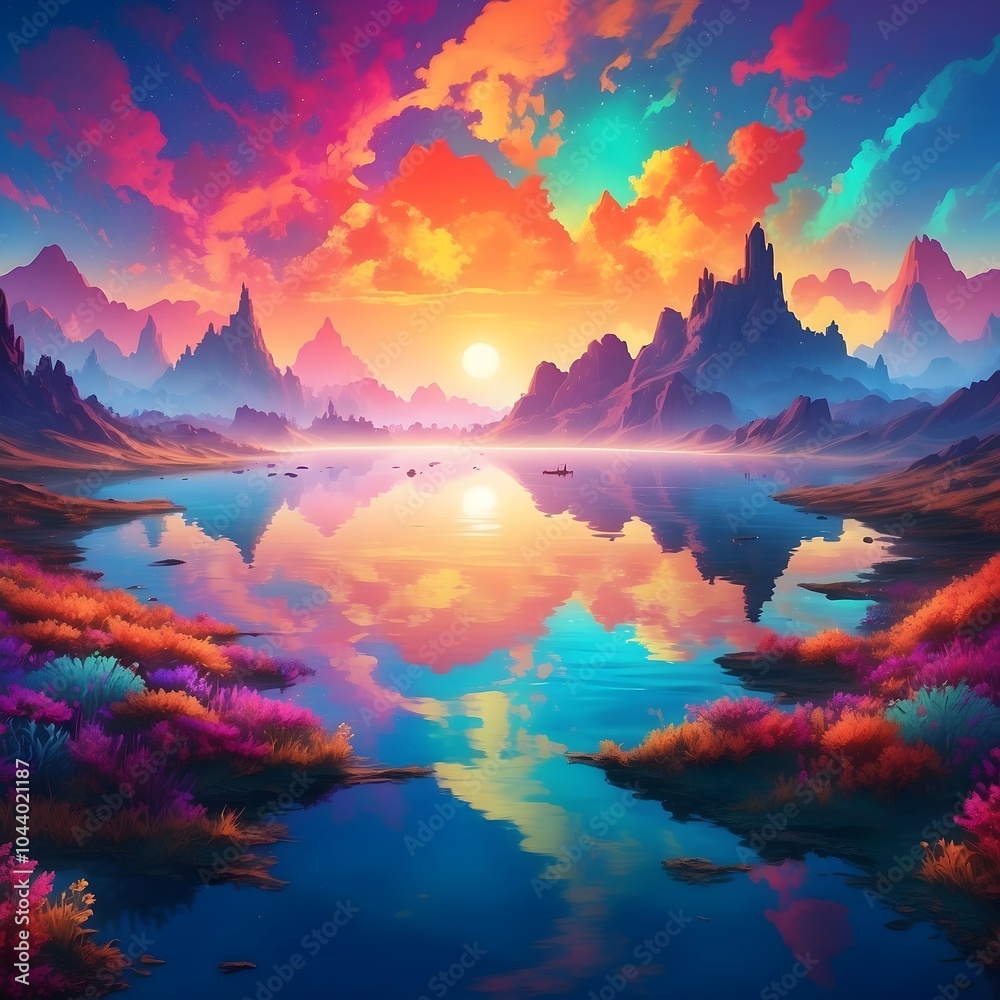 Obraz premium Traumhafter See mit Bergen im Hintergrund - Surreale Farben