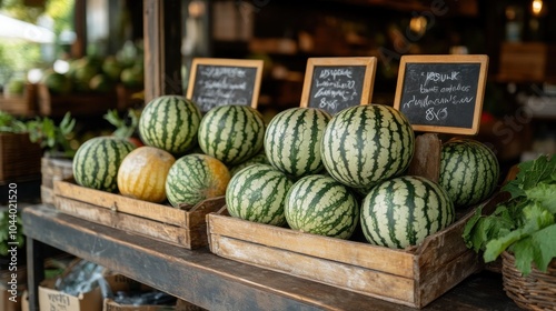 Fresh watermelons displayed for sale in wooden crates at a market stall.