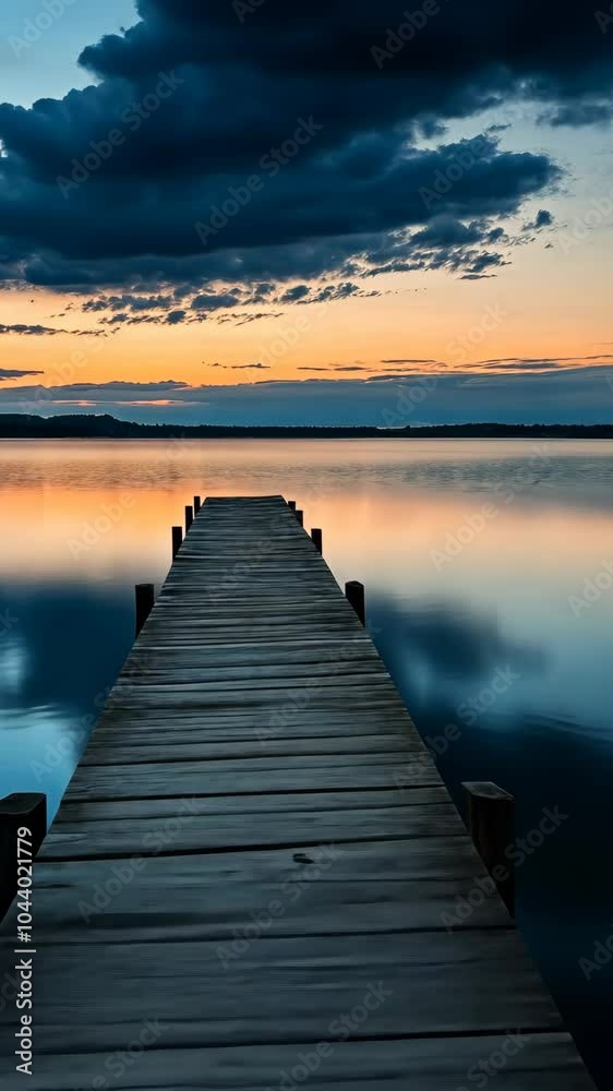 wooden pier at sunset over a tranquil