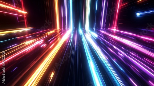 Radiating Neon Light Burst, futuristic flashes, Motion lights, Colorful Streaks on Dark Background