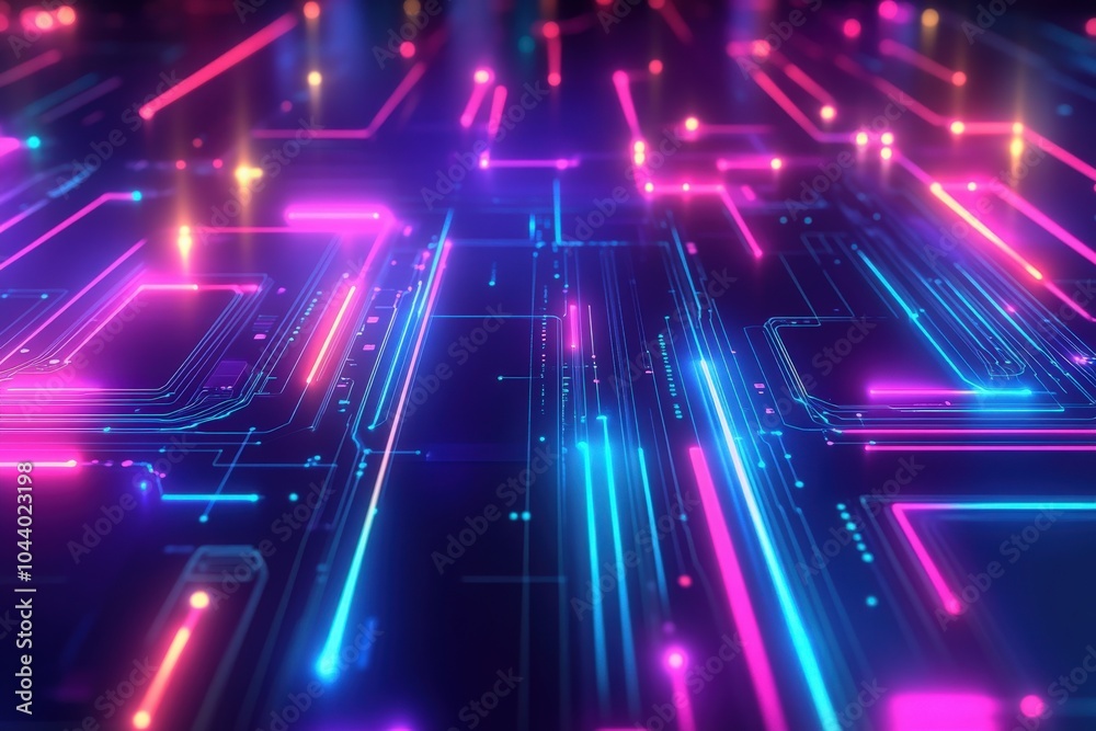 A vibrant circuit board design comes to life with glowing neon lines in shades of pink, blue, and purple against a dark backdrop, creating a dynamic, futuristic atmosphere. A vibrant circuit board design comes to life with glowing neon lines in shades of pink, blue, and purple against a dark backdrop, creating a dynamic, futuristic atmosphere.