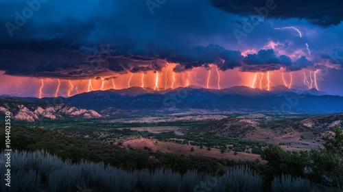 Bright flashes of lightning light up the sky above the rugged mountain terrain at dusk