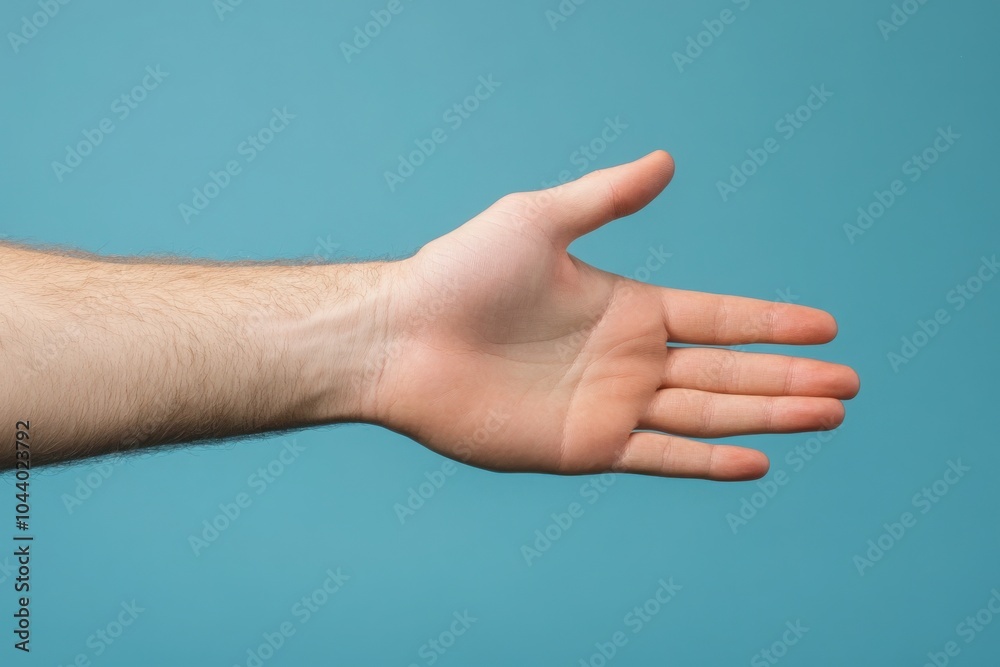 An extended hand is poised for a handshake against a solid blue background. This gesture symbolizes friendship, trust, and collaboration. It conveys the intention to connect and engage positively. An extended hand is poised for a handshake against a solid blue background. This gesture symbolizes friendship, trust, and collaboration. It conveys the intention to connect and engage positively.